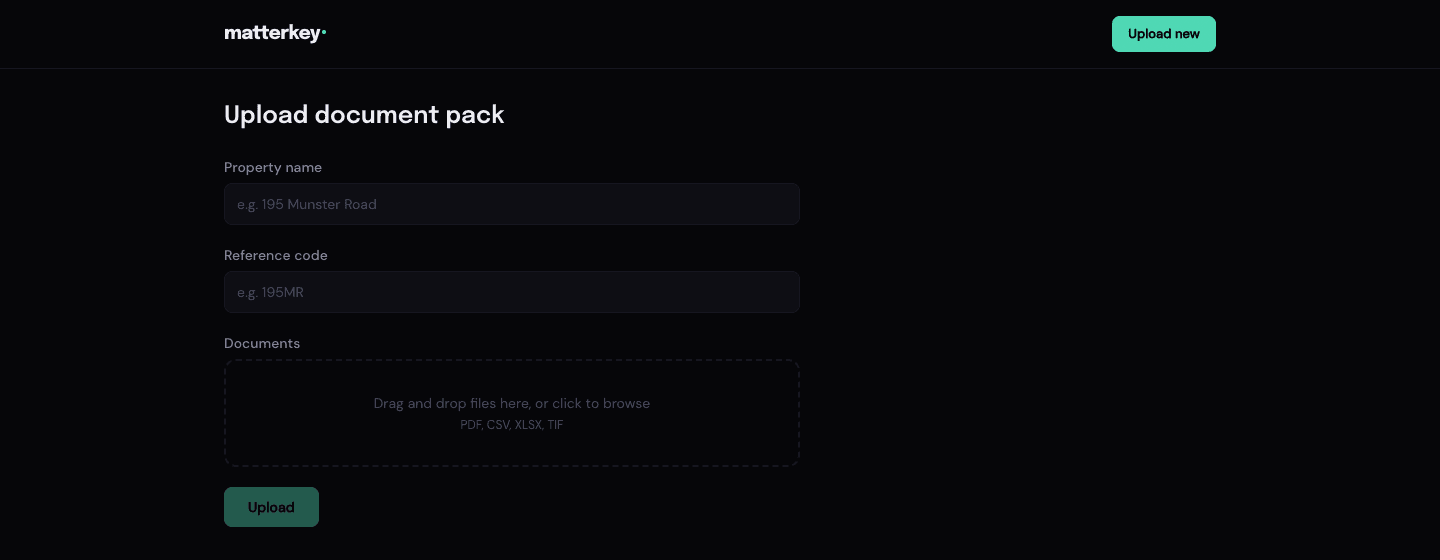 Upload page with drag-and-drop document upload form